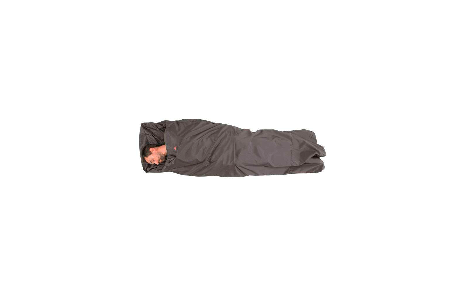 Person liegt in einem grauen Schlafsack