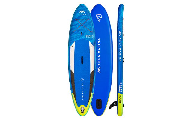 Drei blaue Stand-up-Paddle-Boards aus verschiedenen Perspektiven