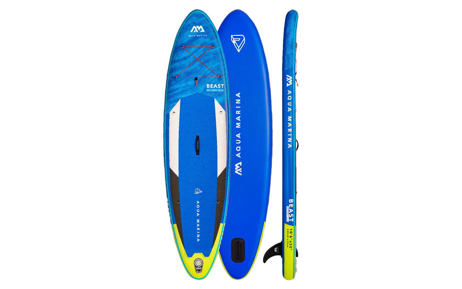 Drei blaue Stand-up-Paddle-Boards aus verschiedenen Perspektiven