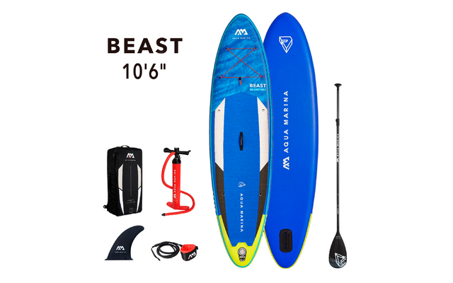Aufblasbares Stand-up-Paddle-Board mit Zubehör, inklusive Pumpe, Finne, Leash und Rucksack