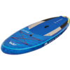 Blaues Stand-up-Paddle-Board mit einer gepolsterten Stehfläche und roten Spanngurten