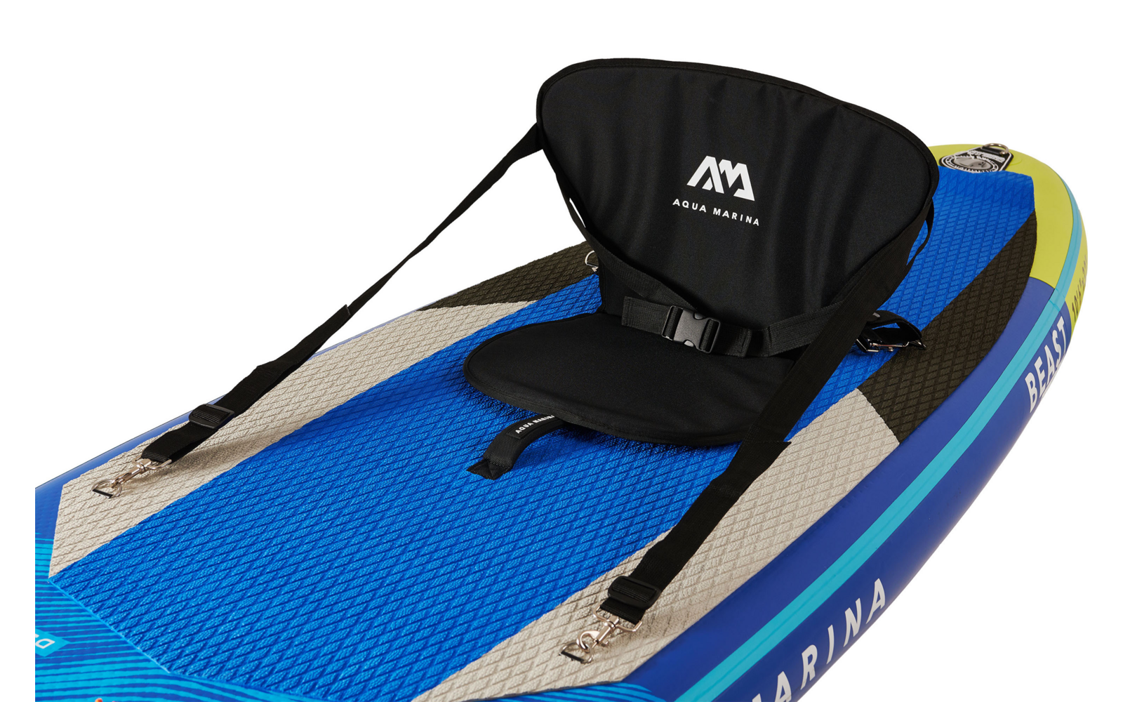 Blaues Stand-Up-Paddle mit schwarzem Sitz und Haltegurten