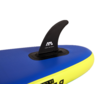 Nahaufnahme eines blauen und gelben Stand-Up-Paddle-Boards mit schwarzer Finne