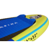 Blau-gelbes Stand-Up-Paddle-Board mit rutschfestem blauen Bereich und Logo