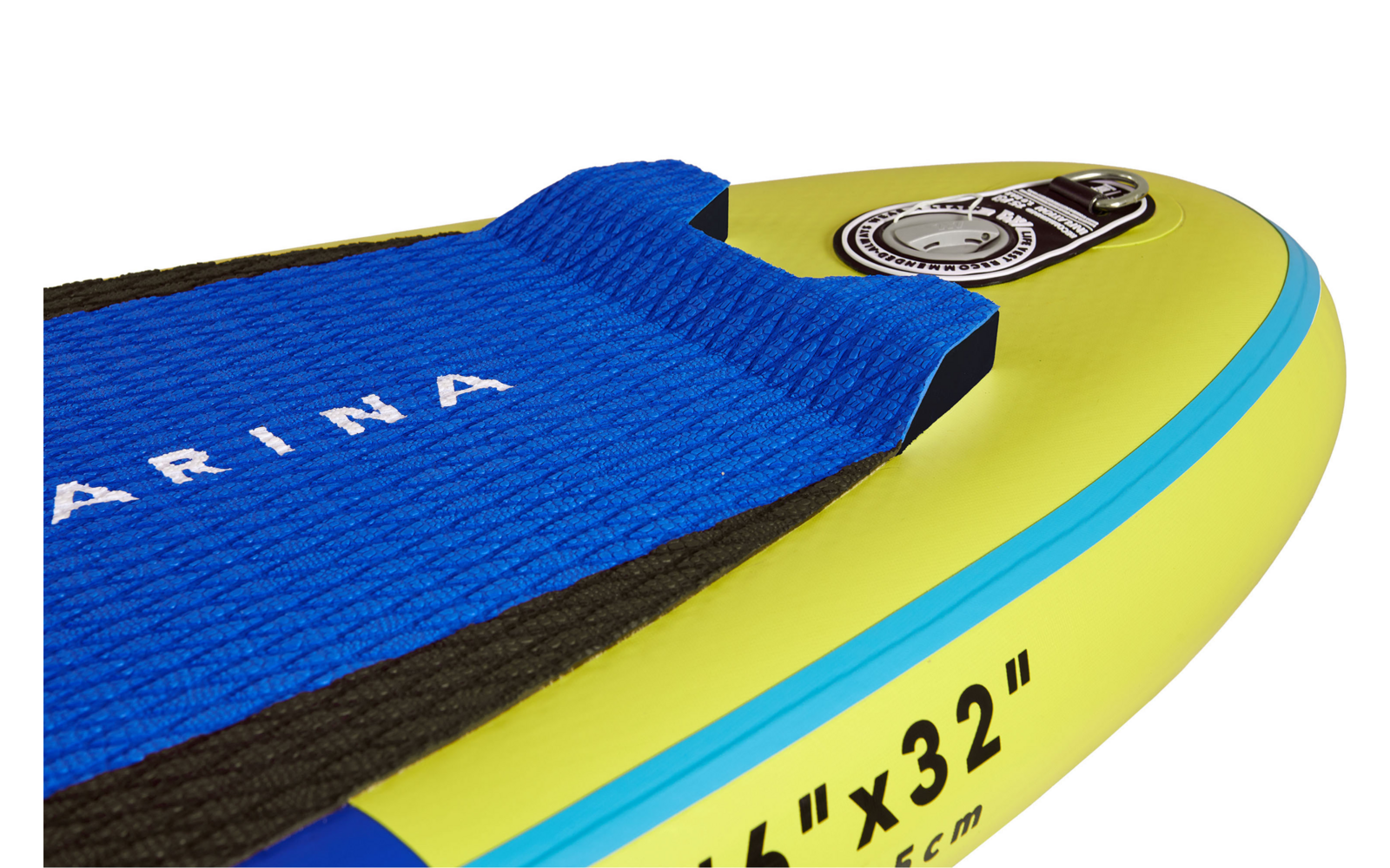 Blau-gelbes Stand-Up-Paddle-Board mit rutschfestem blauen Bereich und Logo