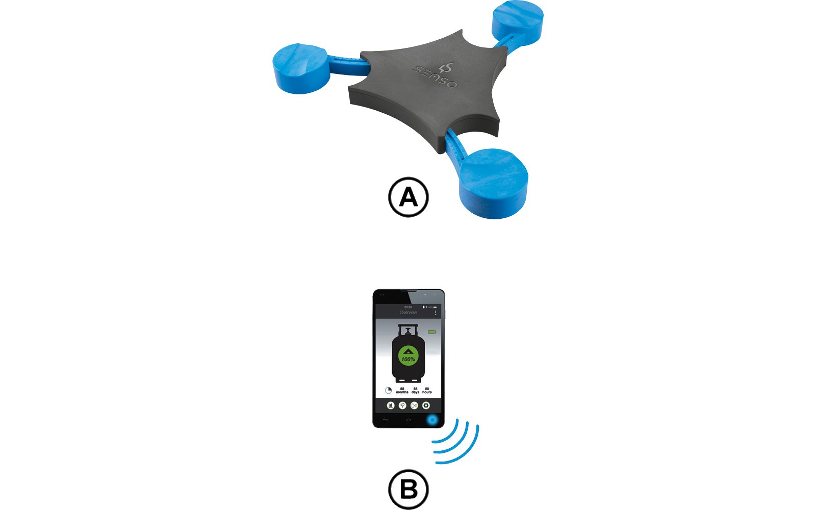 Blue molecular model with atoms and bonds next to a black and silver measuring device