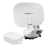 White camping satellite dish device with remote control and mount on white background