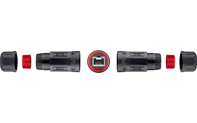 Gedemonteerde connector met meerdere zwarte en rode kunststofdelen, centrale weergave van een contact