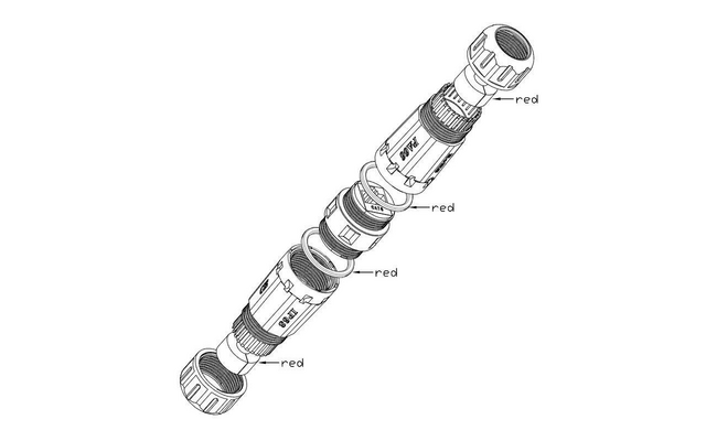 Technische tekening van een complexe mechanische as met meerdere segmenten en labels