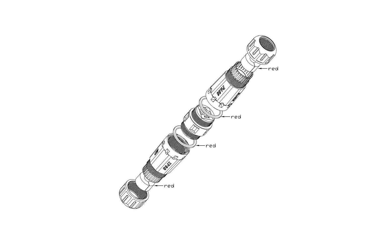 Technische tekening van een complexe mechanische as met meerdere segmenten en labels