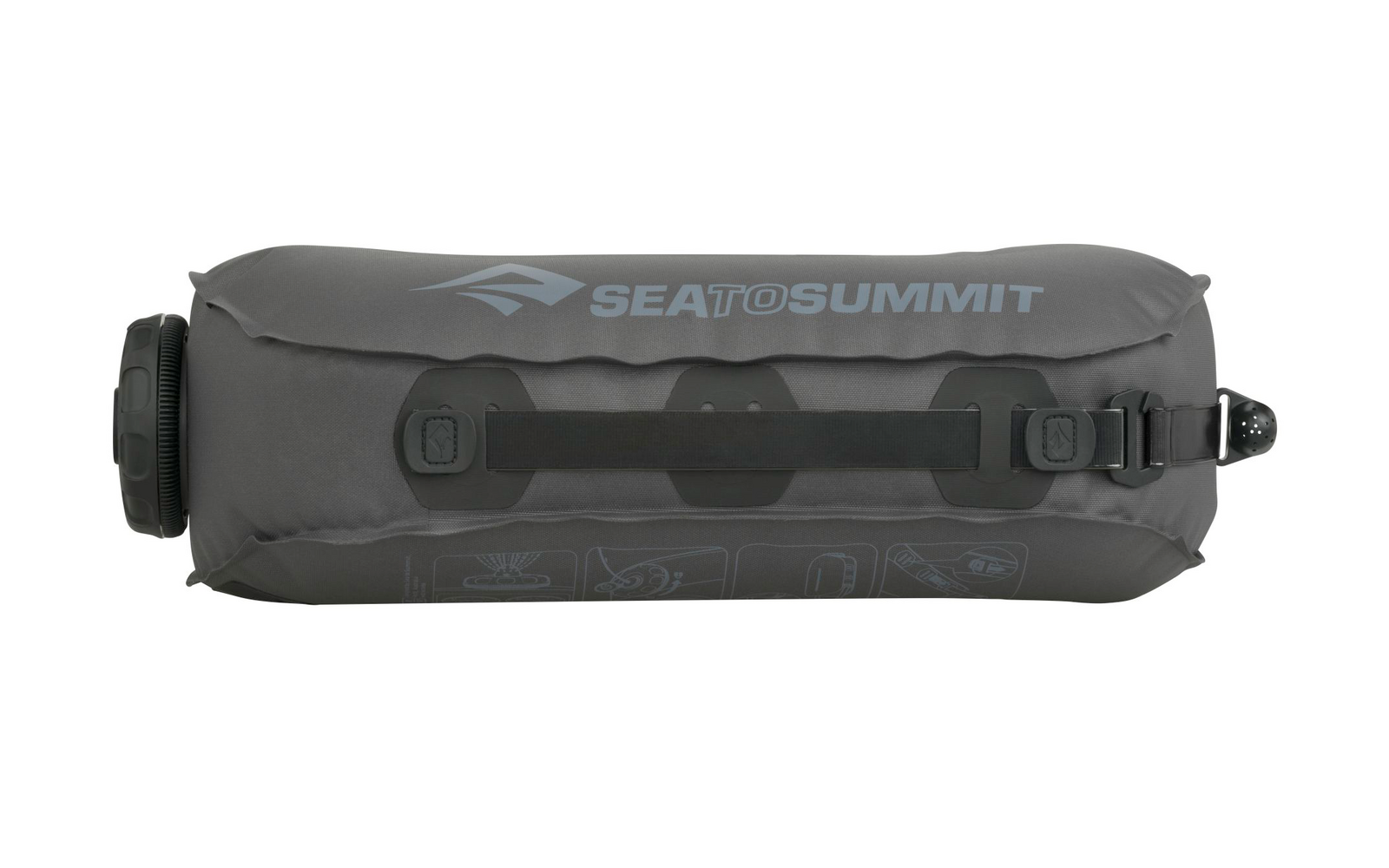 Grijze waterdichte droogtas met zwarte sluiting en Sea to Summit logo
