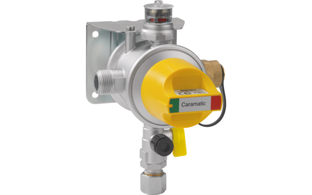Metal gas pressure regulator with yellow control element and suitability label