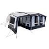 Large gray tent with rolled-up windows and open door