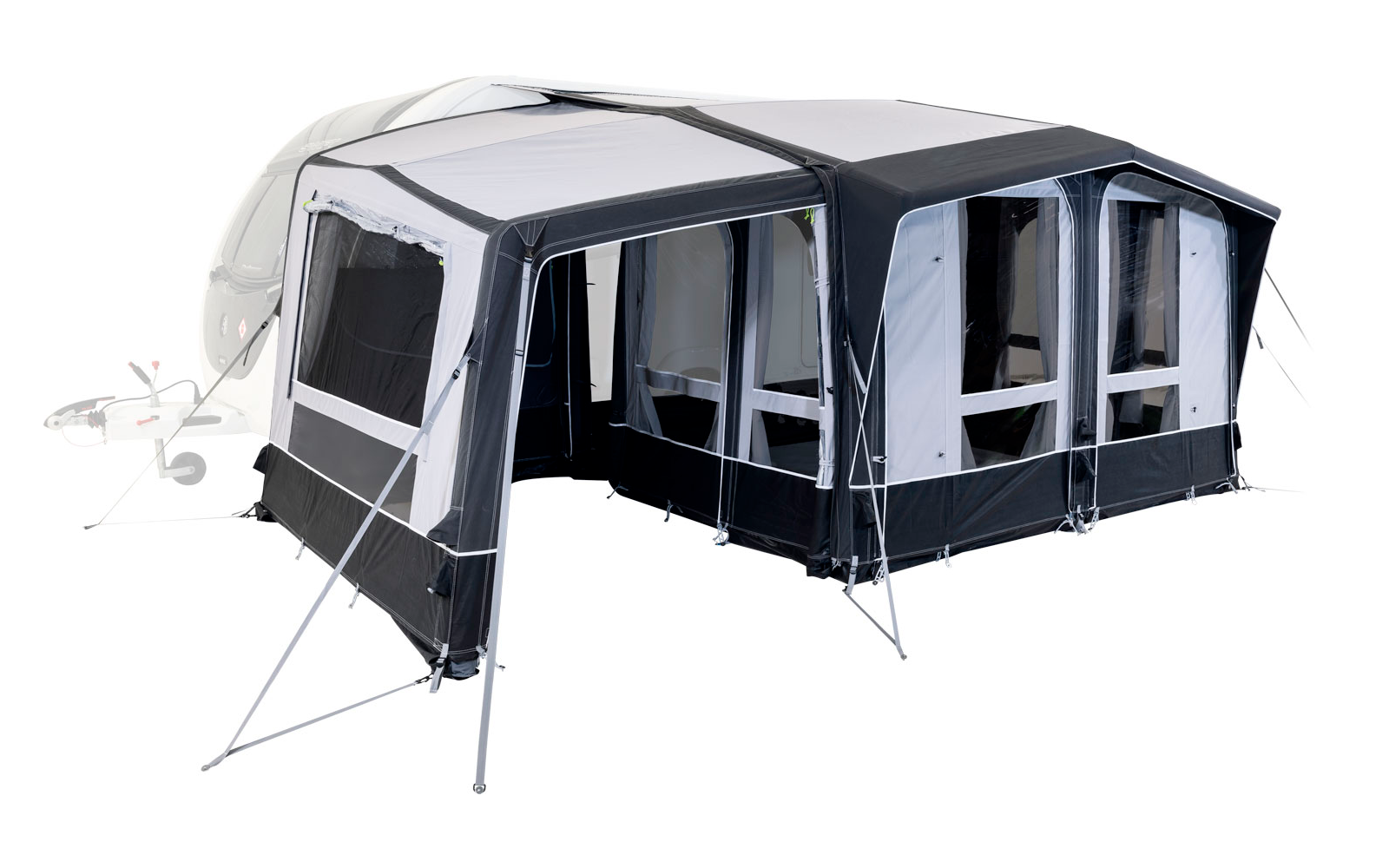 Large gray tent with rolled-up windows and open door