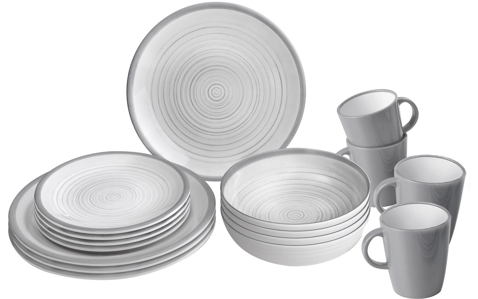 Set aus weißen Tellern, Schüsseln und Tassen mit grauen Ringen