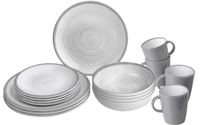 Set aus weißen Tellern, Schüsseln und Tassen mit grauen Ringen