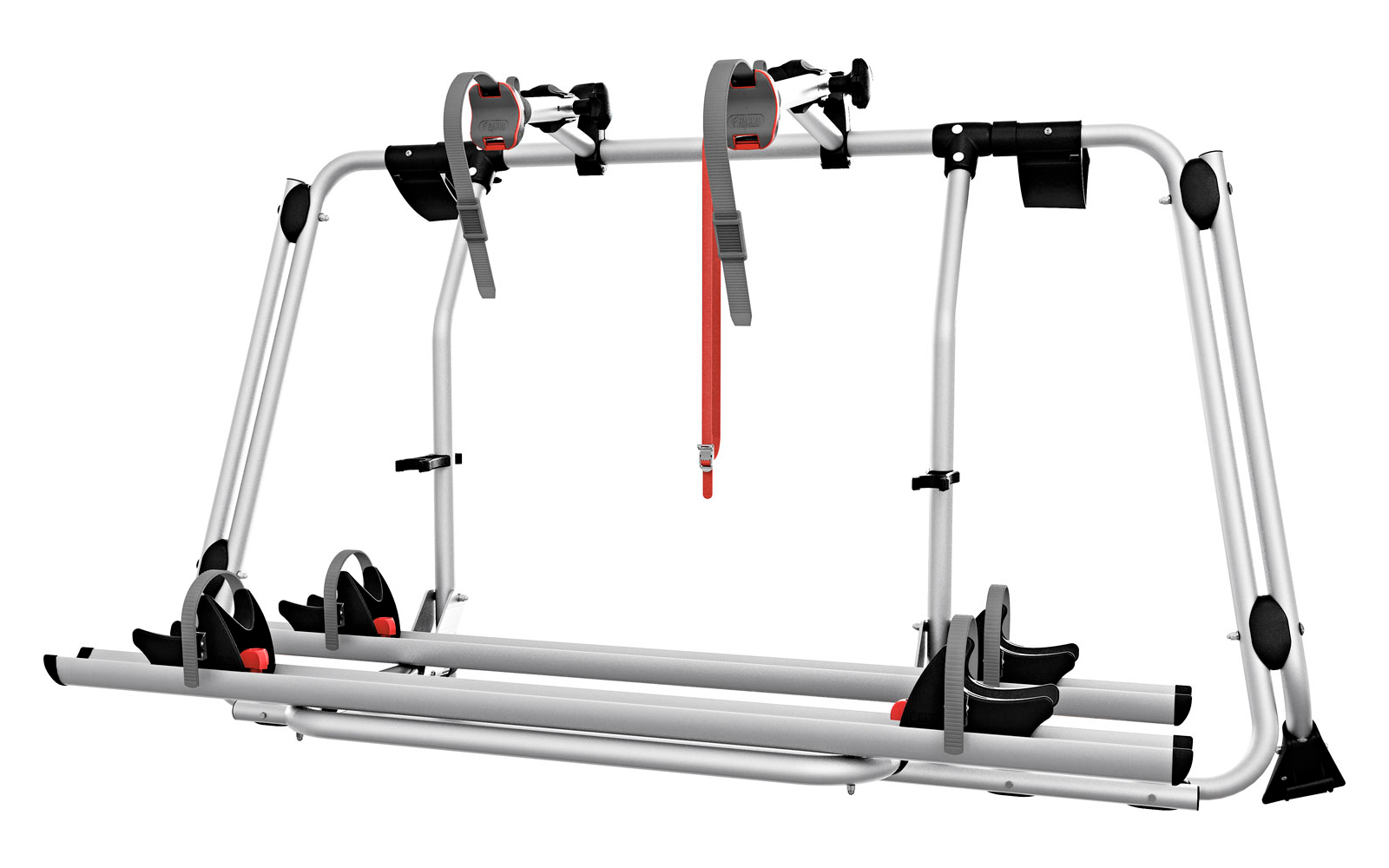 Eine Fahrradhalterung mit Haltegriffen und Spanngurten auf weißem Hintergrund