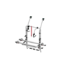Gray metal bike rack with black clamps and red safety straps