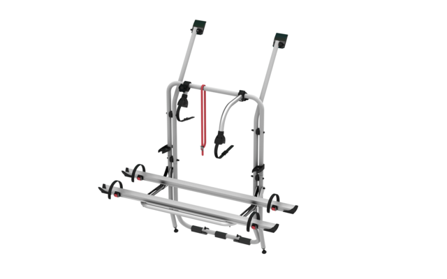 Gray metal bike rack with black clamps and red safety straps