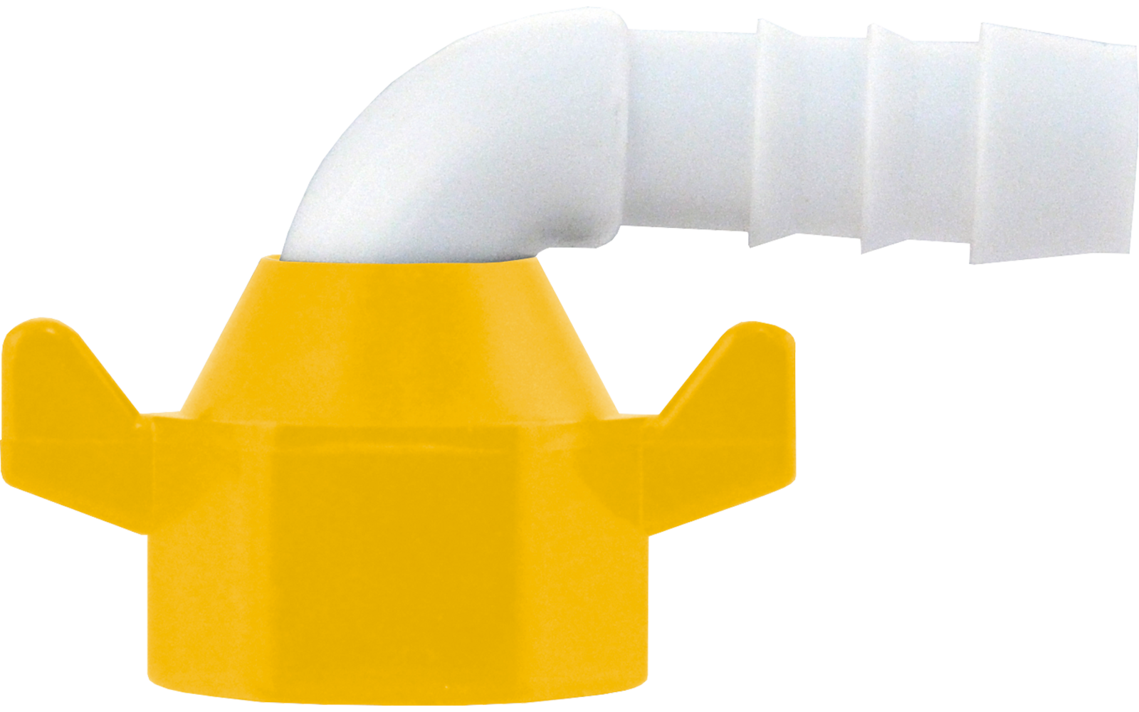 White curved plastic pipe with yellow connector
