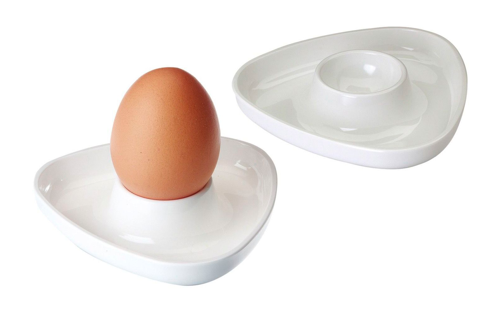 Brown egg standing in a white triangular-shaped egg cup