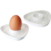 Brown egg standing in a white triangular-shaped egg cup