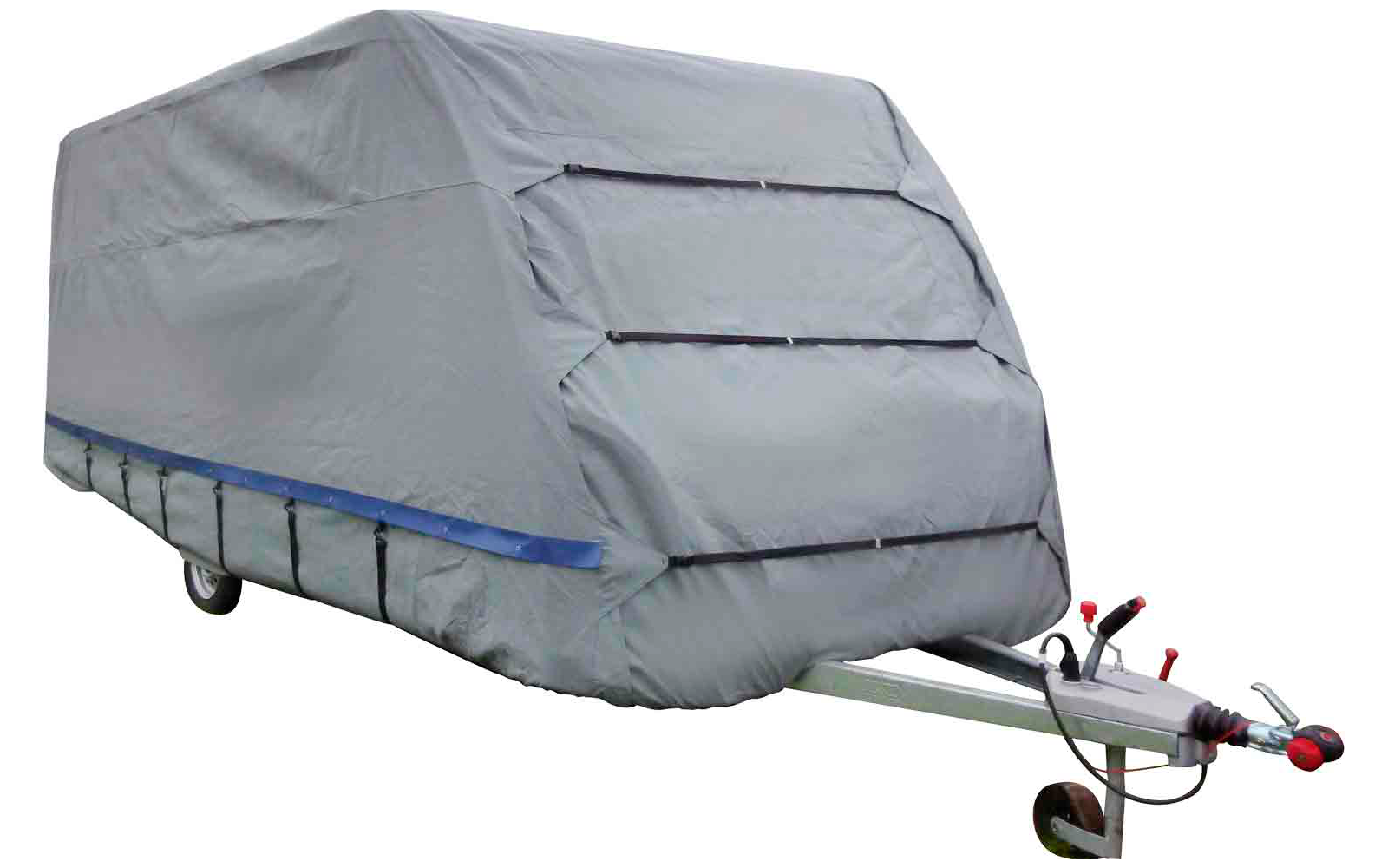 Covered trailer with gray tarpaulin on white background