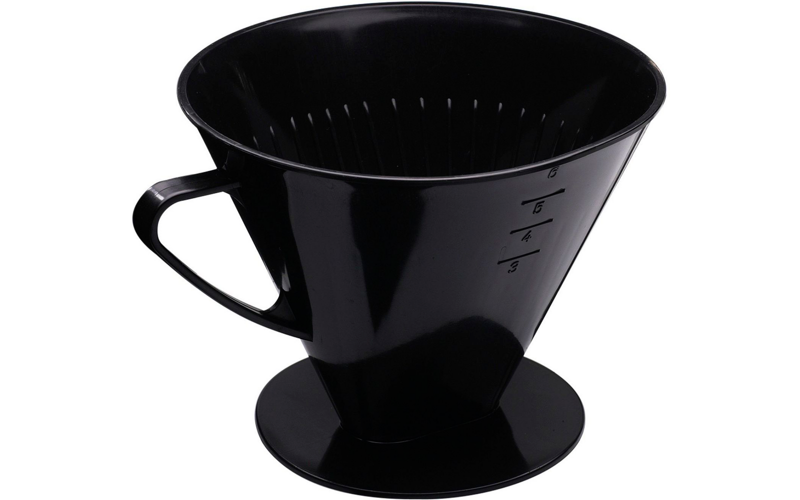 Black plastic coffee filter with handle and drip holes