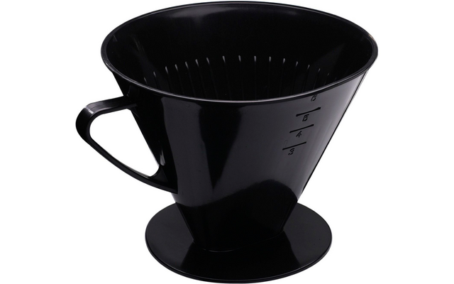 Black plastic coffee filter with handle and drip holes