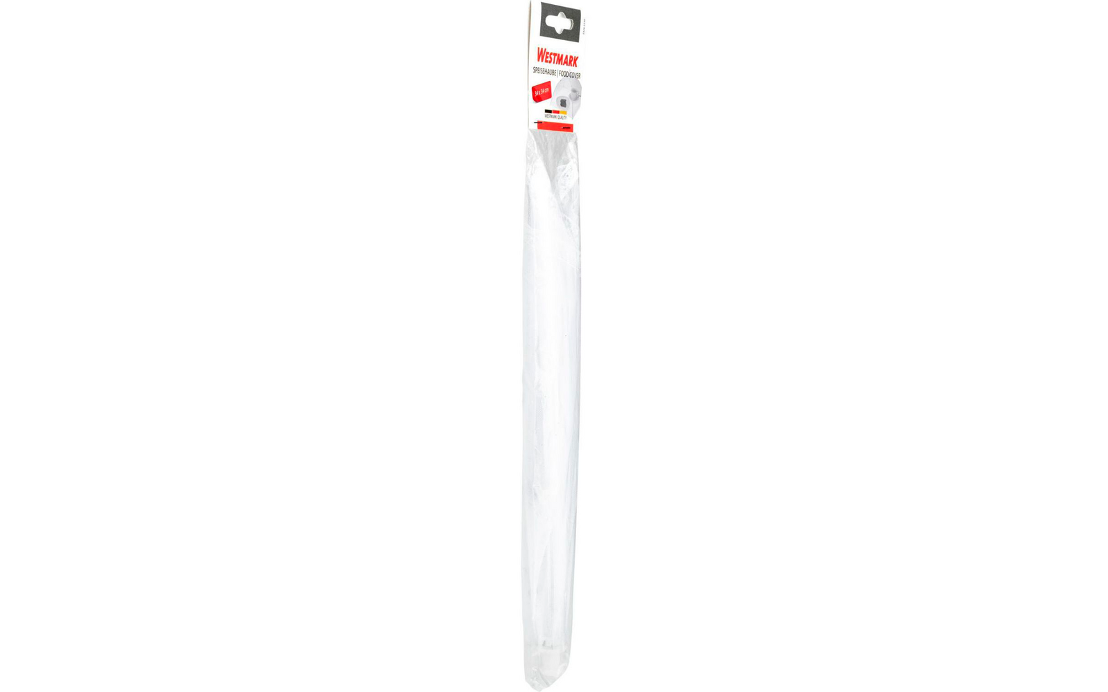 Weißer Zahnstocher mit Verpackung und rotem Etikett