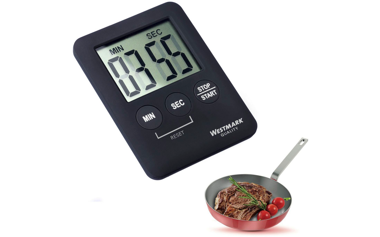 Digitales Küchen-Thermometer mit Anzeige der Temperatur 63,5 Grad Celsius und Fleisch auf einem Schneidebrett