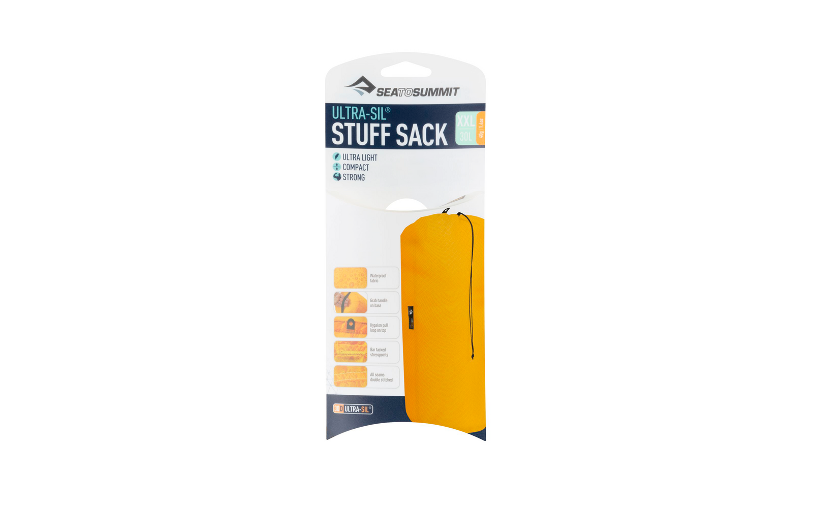 Verpackung mit gelbem Stuffsack, auf der Vorderseite Text und Symbole