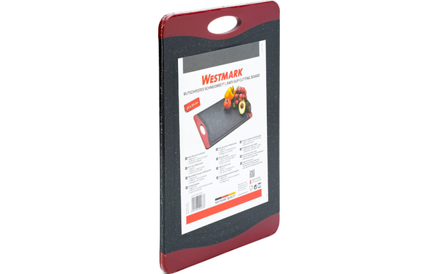 Rutschfestes Schneidebrett in Rot und Schwarz mit Griff, Produktverpackung sichtbar