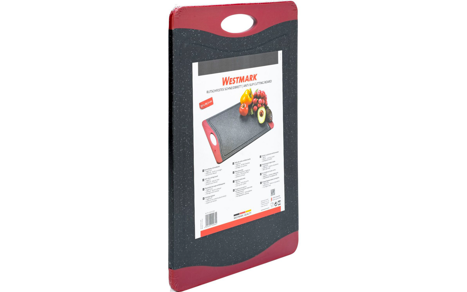 Schneidebrett mit roten Rändern und Griff, Verpackung mit Produktinformation und Bild von Obst