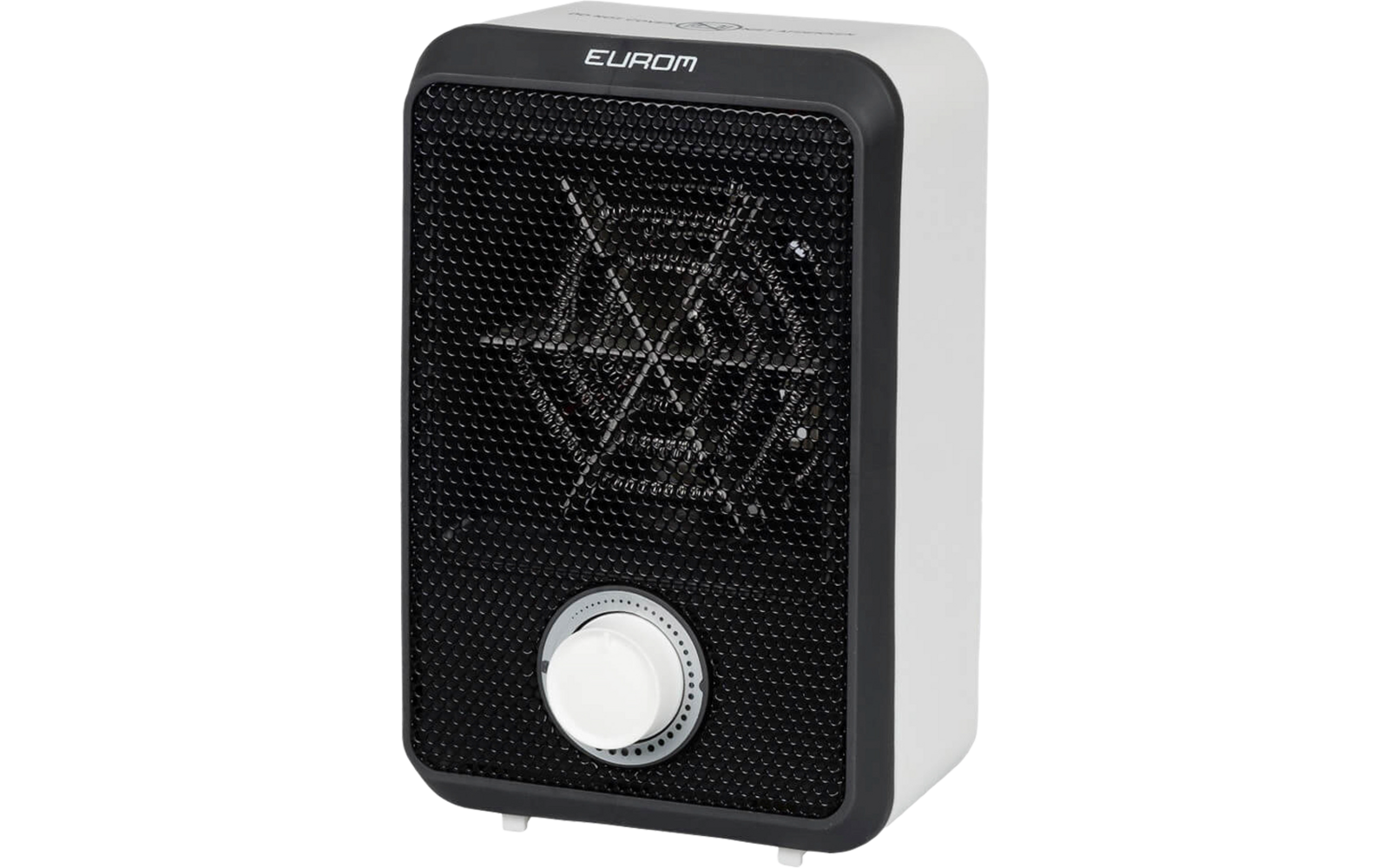 Small black and white fan heater with white rotary knob in front