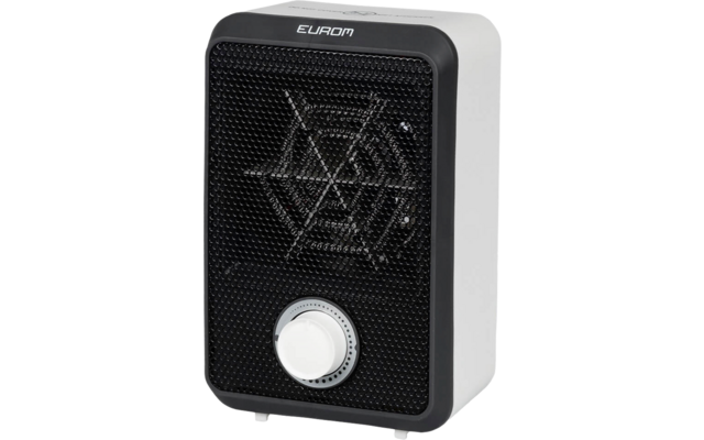 Small black and white fan heater with white rotary knob in front