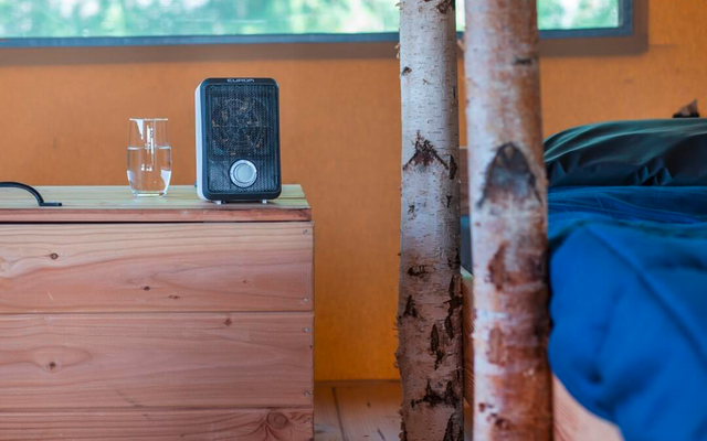 Bedroom with wooden floor, wooden dresser, window, and bed with blue bedspread
