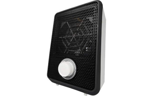 Black portable heater with white dial on the front