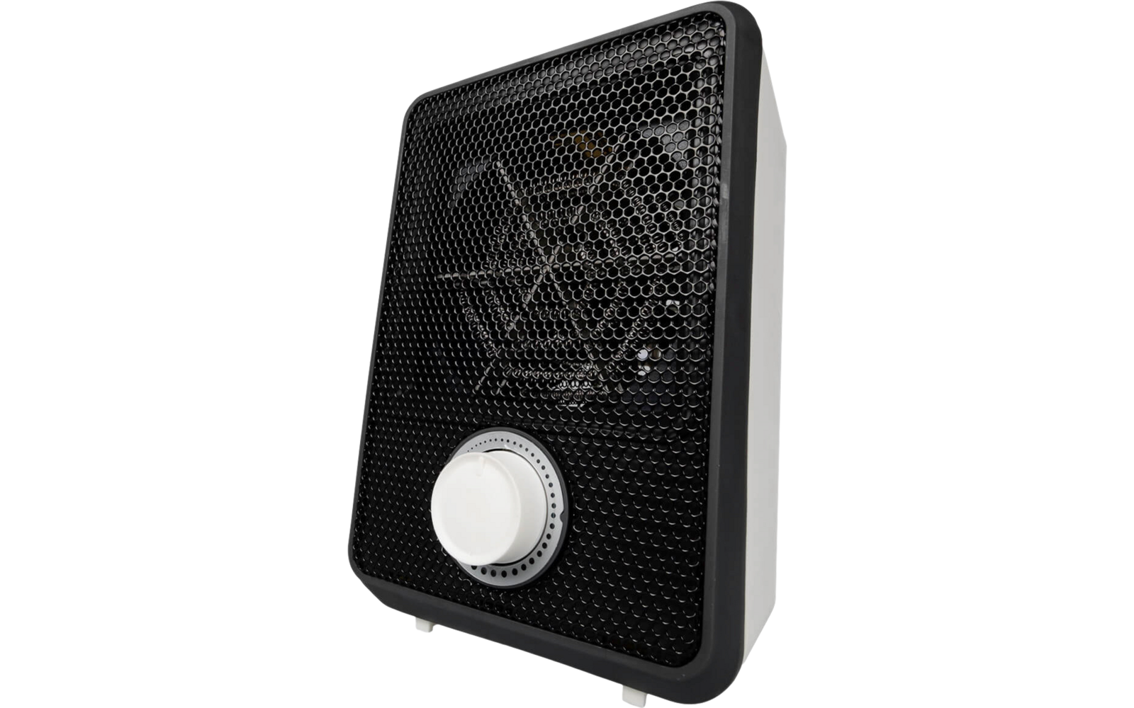 Black portable heater with white dial on the front