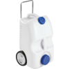 White plastic water container on two black wheels with silver handle