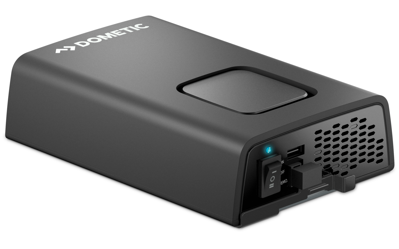 Schwarzes elektronisches Gerät mit Anzeigen und Anschlüssen auf der Vorderseite