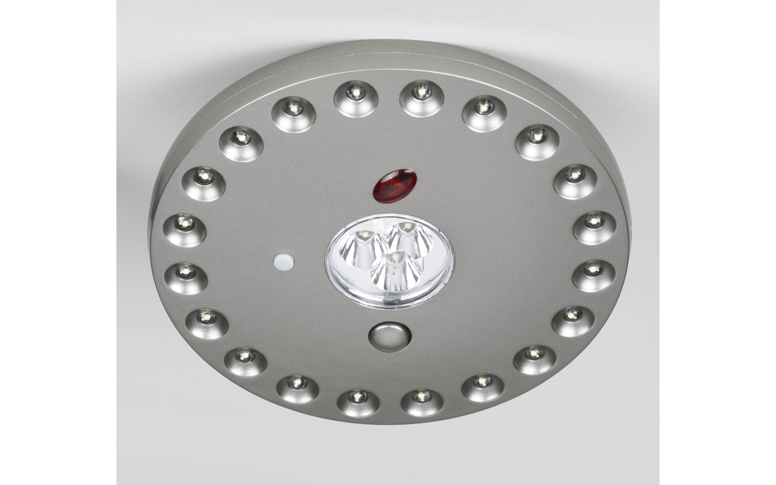 Pomme de douche ronde avec plusieurs petites buses autour du bord et une plus grande au centre