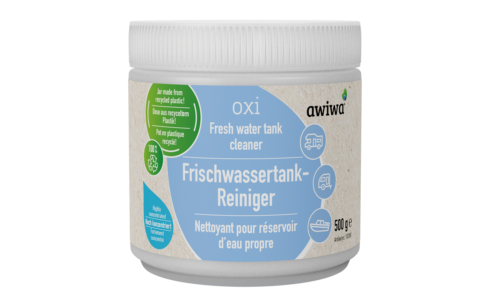 Weißer Kunststoffbecher mit blauem Etikett und grünem Siegel, Produktname Frischwassertank-Reiniger