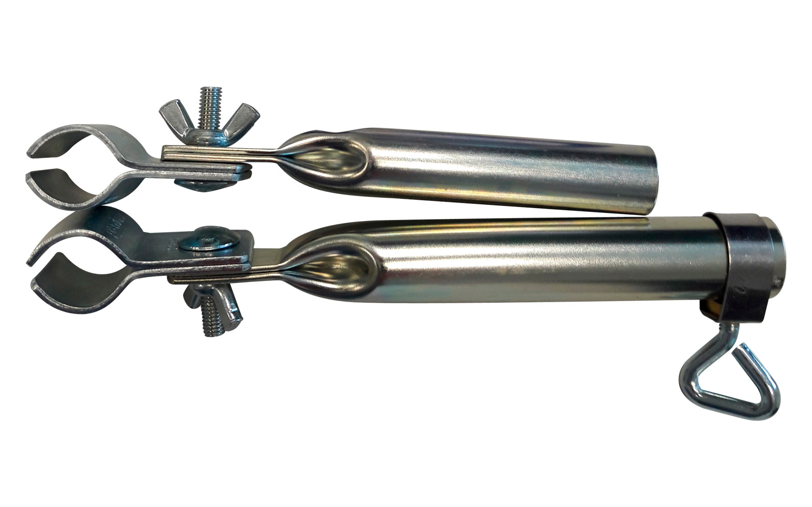 Deux porte-cannes à pêche en métal chromé avec pinces et fermetures à vis