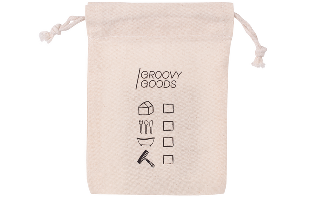 Petit sac en tissu beige avec cordon et petits symboles noirs