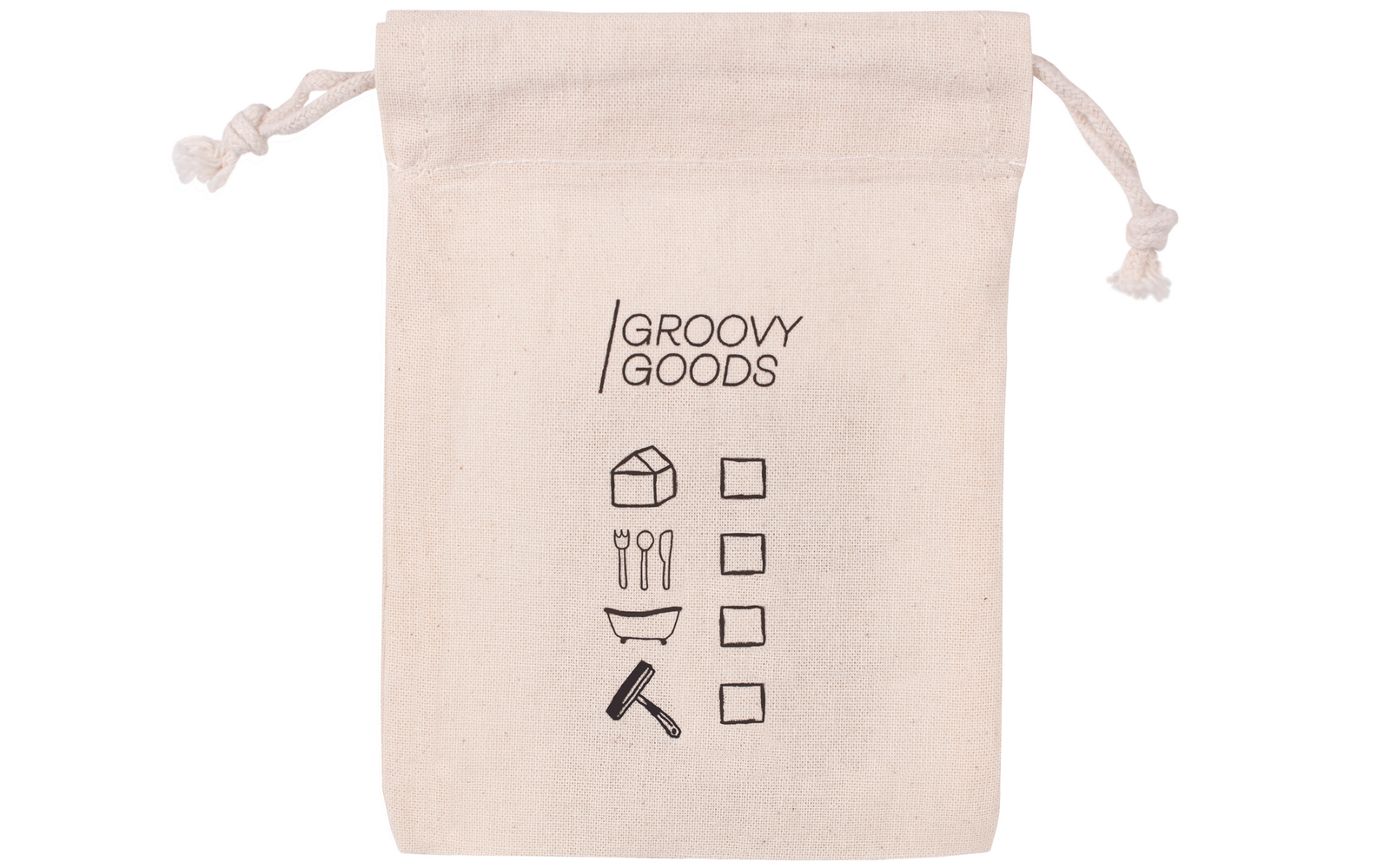 Petit sac en tissu beige avec cordon et petits symboles noirs