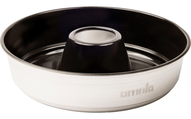 Metal baking pan with high edge and central round tube, two-tone black and silver