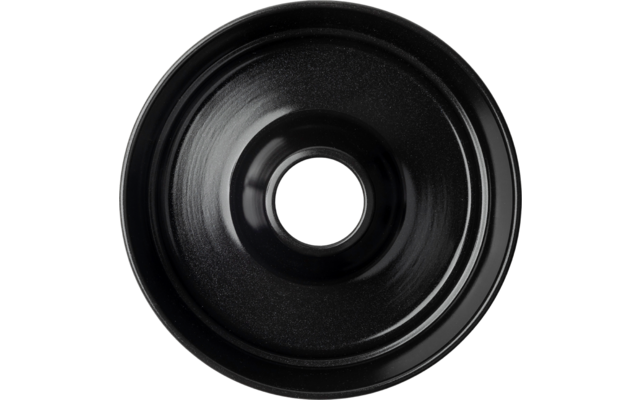 Black camera lens viewed from the front, round with several concentric rings