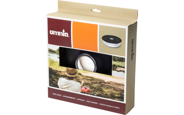 Packaging of an Omnia non-stick baking pan with image of a man by a lake