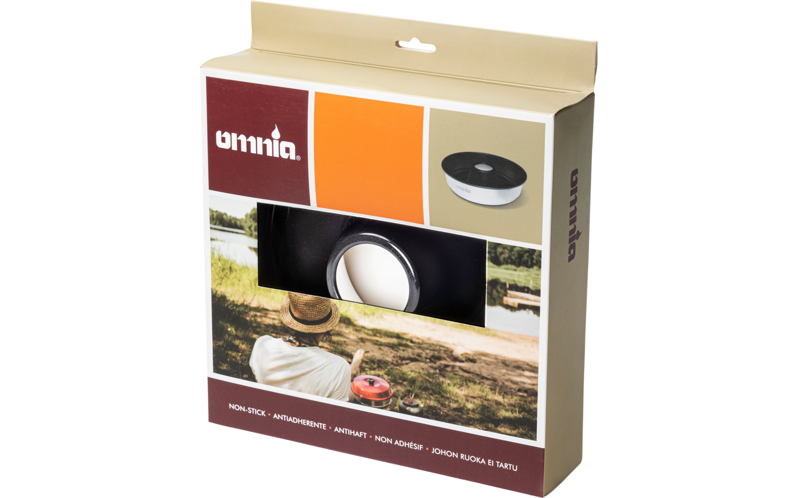 Packaging of an Omnia non-stick baking pan with image of a man by a lake